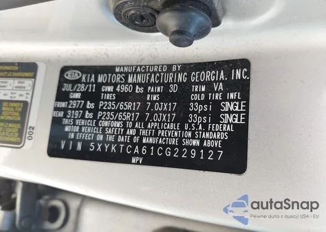 2012 Kia Sorento Lx from USA, damaged, VIN 5XYKTCA61CG229127